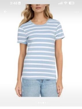 THREE DOTS Classic Light Blue & White Striped Short Sleeve Ribbed Crewneck Tee